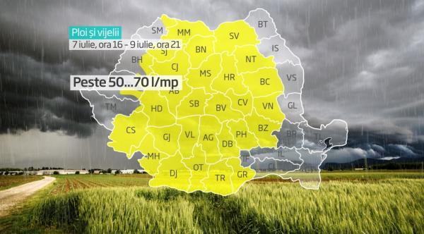 Noi avertismente meteo de la ANM: Duminică, ploile și vijeliile se extind în țară