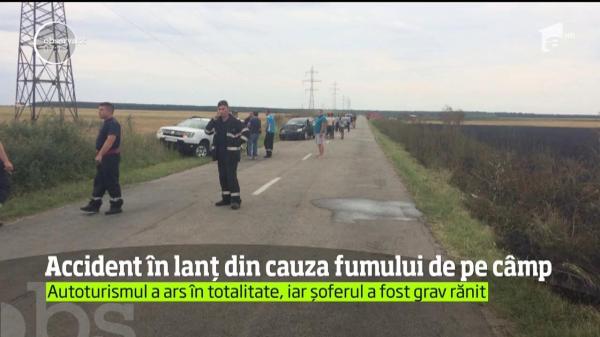 Accident în lanț din cauza fumului de pe un câmp din Dolj
