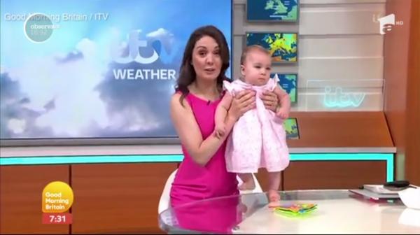 O jurnalistă din Marea Britanie a prezentat rubrica meteo cu fetița ei de 11 luni. Telespectatorii au fost încântați