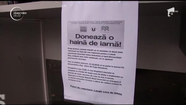 Suporterii Universităţii Cluj au venit în sprijinul sutelor de nevoiaşi din oraş printr-o donaţie de haine groase