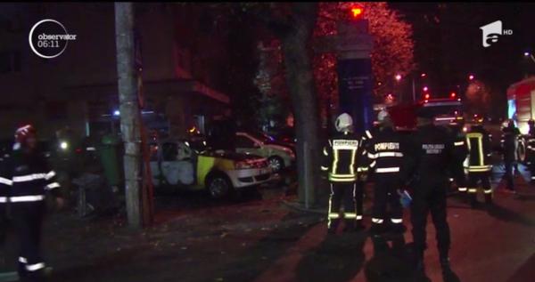 Incendiu de proporţii în parcarea unui bloc din Capitală. Trei maşini au ars după ce un transformator de curent a luat foc