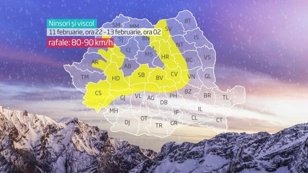 Meteorologii anunță ploi, ninsori și viscol. Cod galben de vreme severă în 25 de județe