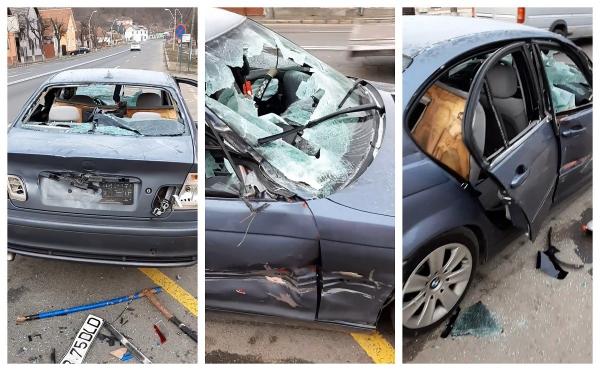 BMW distrus de proprietar pe stradă, după ce a fost prins băut la volan de poliţişti, în Sighişoara (Video)