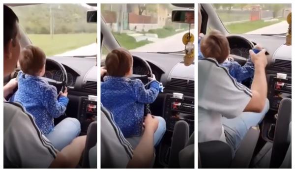 Fetiţă de un an la volan, cu suzeta în gură, în Mehedinţi. Mama a filmat şi e foarte mândră (video)
