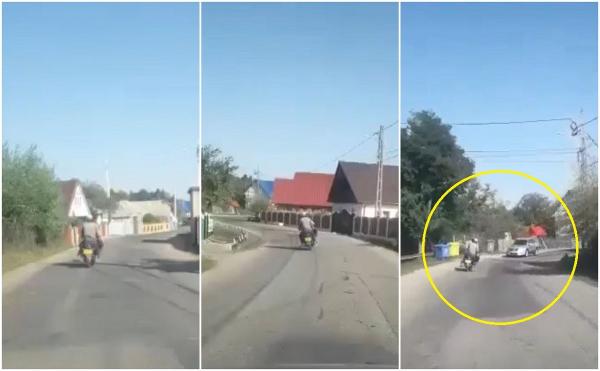 Momentul în care trei tineri pe un scuter intră frontal într-o maşină, pe contrasens, la Bacău (Video)