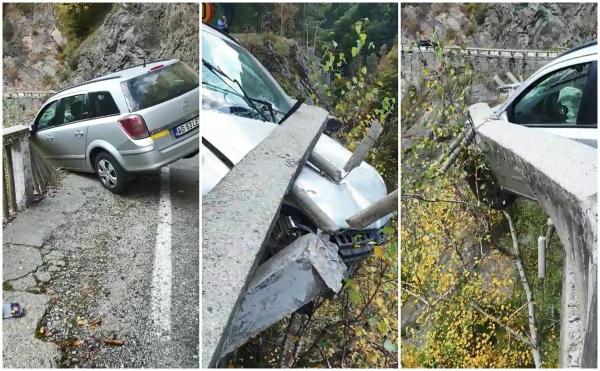 Accident bizar pe Transfăgărăşan. Maşina a rămas înfiptă în parapete, şoferul a căzut într-o râpă foarte adâncă (Video)