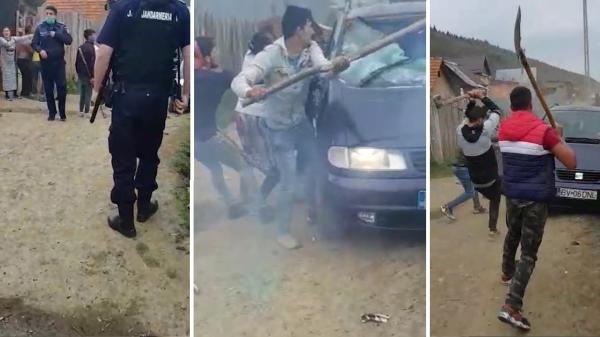 Bătaie cu bâte și lopeți sub ochii poliției, în Brașov. Mașină devastată, un tânăr spulberat (Video)
