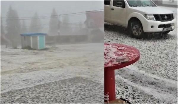 Vijelie puternică în Gorj, străzi acoperite de grindină (Video)