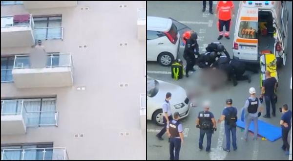 Un bărbat dezbrăcat, care a sărit pe balcon de la etajul 5, imobilizat cu greu de mascați în București