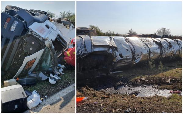 Salvare dramatică la Stamora Germană, șofer încarcerat în cabina cisternei cu care s-a răsturnat pe câmp (Video)