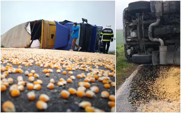Un șofer de TIR a răsturnat camionul cu porumb, după ce o șoferiță a tras de volan să evite un iepuraș  [Video]