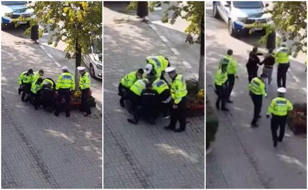 Un tânăr strigă disperat după ajutor, în timp ce șapte polițiști încearcă să-l încătușeze, pe o stradă din Râmnicu Vâlcea. Video
