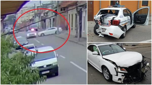 Momentul în care un Audi spulberă o mașină de poliție aflată în misiune, la Drobeta Turnu-Severin