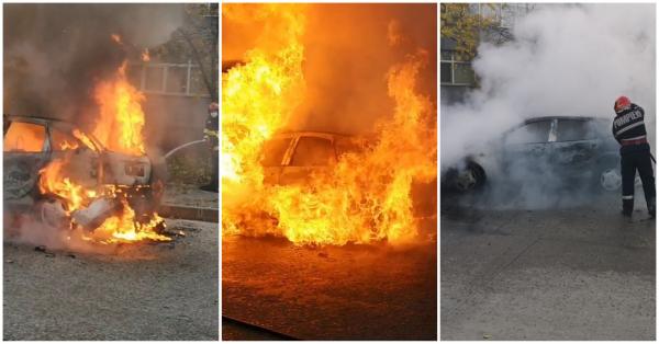 O mașină a luat foc în mers, în Slatina, și s-a făcut scrum. Două persoane se aflau în autovehicul