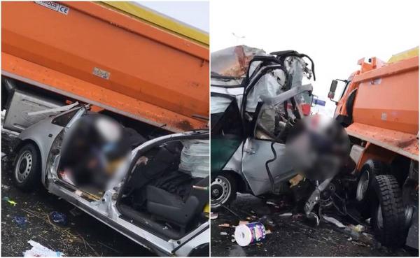 Accident cu trei morţi pe A1. Maşina cu 5 persoane, care venea din Italia şi se îndrepta spre Bacău, s-a dezmembrat la impactul cu un utilaj de deszăpezire