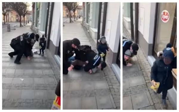 Bărbat imobilizat şi pus la pământ de doi poliţişti, în fața copilului de trei ani, pentru că nu purta mască, în Cehia