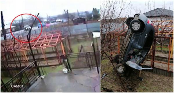 Un Citroen scăpat de sub control iese de pe drum şi rămâne suspendat în grădina unui localnic, la Hemeiuș. Momentul a fost filmat