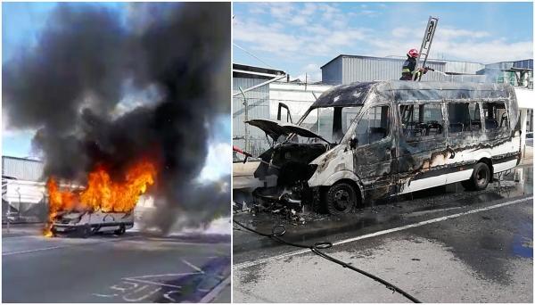 Un microbuz plin cu muncitori a luat foc pe o stradă din Buzău: "Ia uite cum arde! Torţă!"