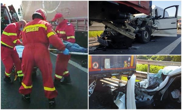 Mașină strivită sub TIR pe autostrada A1, în Hunedoara. Imagini dramatice cu momentul descarcerării șoferului - VIDEO