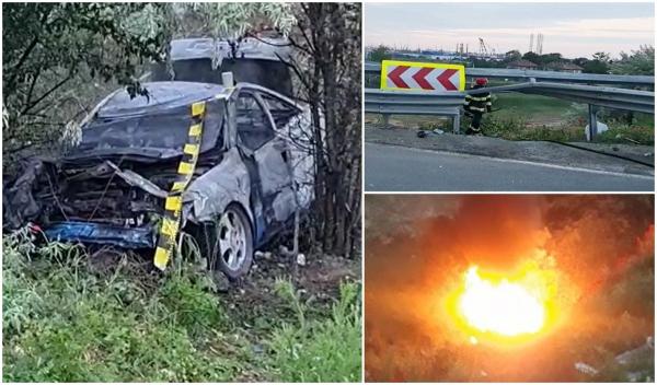 Cinci tineri au rupt cu Opelul un parapete pe podul nou de la Agigea şi s-au prăbuşit într-o râpă. Maşina a luat foc - VIDEO