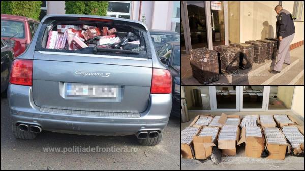 Porsche Cayenne plin cu țigări, oprit ca-n filme de polițiștii de frontieră, în Suceava. În interior erau 15.440 de pachete