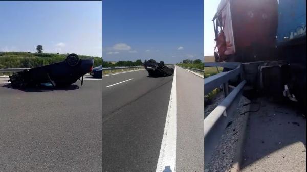 Accident spectaculos între un autoturism şi un camion pe autostrada Hemus din Bulgaria. Şoferul maşinii a scăpat ca prin minune