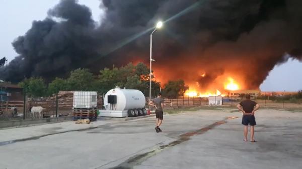 Flăcări uriaşe şi o coloană imensă de fum la depozitul de mase plastice din Salonta: "Nu mai era nimic aici dacă nu ne iubea Dumenzeu". Vântul a dus fumul spre Ungaria