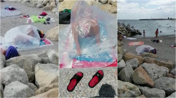Turist într-un sac de plastic transparent, pe plajă la Eforie. "Premiul I pentru cea mai bună protecție împotriva Covid 19" - VIDEO