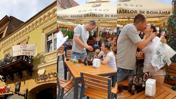 Moment emoționant în centrul Brașovului. Cum a fost cerută în căsătorie o tânără, sub privirile mulțimii de turiști