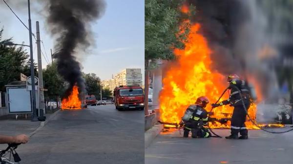 Maşină în flăcări pe Calea Văcăreşti, lângă staţia de metrou Timpuri Noi. Înspăimântaţi, trecătorii au sunat la 112
