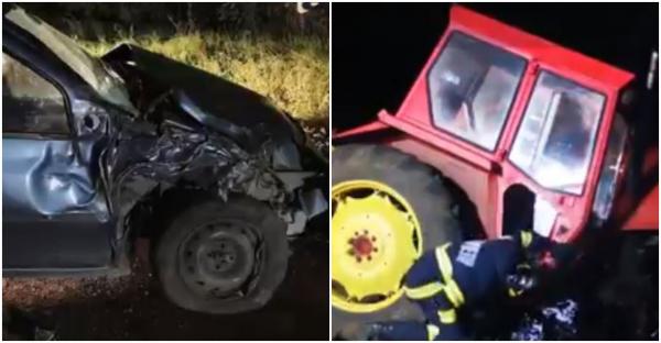 Tractor rupt în două, în urma impactului cu un autoturism. Trei persoane au ajuns la spital