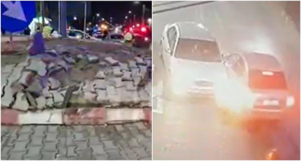 Ravagiile unui tulcean băut şi vitezoman, surprinse de camerele de supraveghere. A lovit un sens giratoriu, ca mai apoi să intre într-o altă maşină