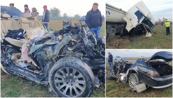 Accident cumplit cu trei morți, în Dâmbovița. Un BMW a fost făcut praf de un camion pe DN7, între Slobozia Moara si Bâldana