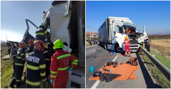 Accident între un TIR şi o basculantă, în Cluj. Şoferul de 68 de ani a intrat pe contrasens. Două persoane au rămas încarcerate