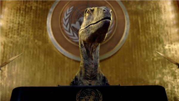 Un dinozaur atrage atenţia asupra extincţiei umane, de la tribuna ONU: "Măcar noi am avut un asteroid. Dar voi ce scuză aveţi?"