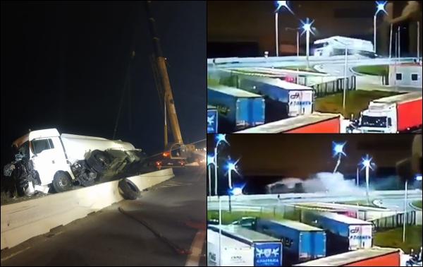 Momentul dramatic când o cisternă plină cu carburant acroşează doi stâlpi de iluminat de pe marginea drumului şi se răstoarnă pe un câmp, în Hunedoara