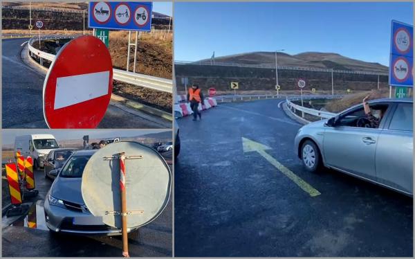 Şoferii au format coloană la intrarea pe noua autostradă A10, pentru că nu avea cine să dea la o parte semnul "interzis" de pe o bretea