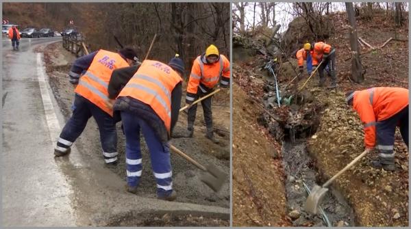 "A plouat şi... ghinion". Tot cimentul turnat de nişte muncitori pe marginea şoselei spre Poiana Braşov s-a scurs în vale, prin pădure