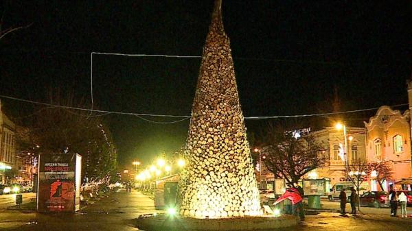 Brad din butuci de lemn, aşezat în centrul oraşului Târgu Mureş. După sărbători, acesta va ajunge împărţit oamenilor nevoiaşi