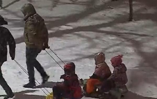 Fulgii mari de zăpadă, prilej de bucurie pentru copii. În Târgu Mureş, au ieşit în număr mare să se dea cu săniile