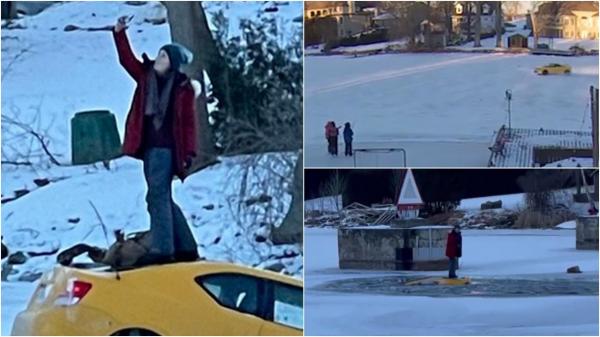 Culmea selfie-ului: O şoferiţă din Canada, care a ajuns cu maşina într-un râu, s-a urcat pe capotă ca să-şi facă poze