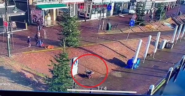 Momentul în care un bebeluș în cărucior plonjează în apa înghețată, după ce o ia la vale pe un dig în Volendam, Olanda