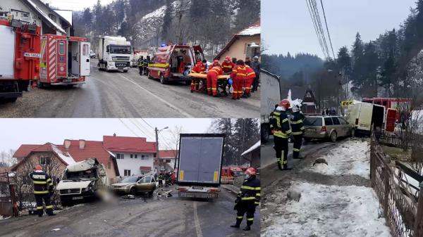 Accident cu un mort și un rănit la Bran, în Brașov. Impact devastator între un TIR, o mașină și o autoutilitară cu o tonă de combustibil