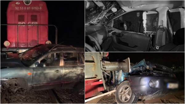 Neatenţia putea ucide. Maşina unui bărbat din Timiş a fost izbită în plin de o locomotivă, în timp ce tracta autoturismul fiului