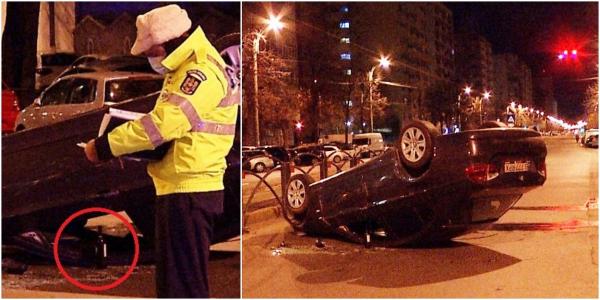 O șoferiță beată a ajuns cu roțile-n sus, după ce a ratat un refugiu pe șoseaua Pantelimon. Poliţiştii au găsit o sticlă de vin lângă mașină