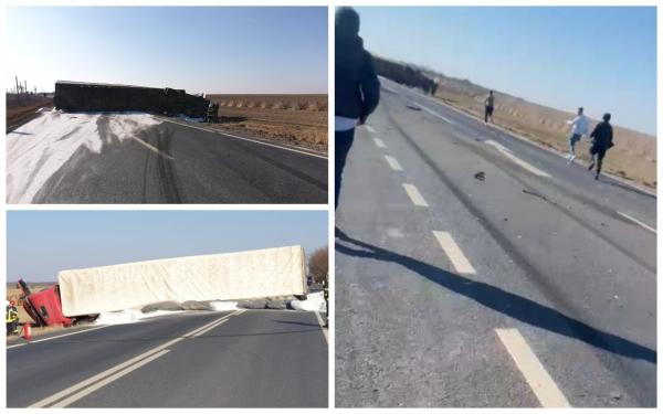 "E azotat, poate să bubuie. E ca la Mihăileşti". Panică la ieșire din Țăndărei, unde un TIR încărcat cu azotat de amoniu s-a răsturnat pe șosea