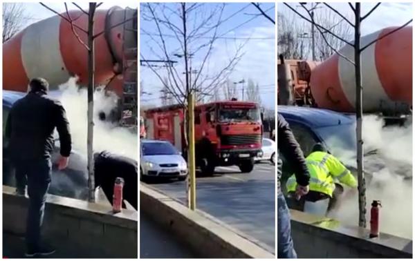 Intervenţie promptă a unui poliţist local, după ce o maşină a luat foc în Capitală. Pompierii au găsit incendiul aproape stins