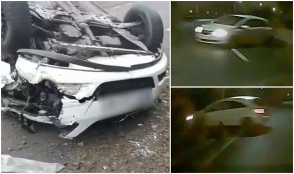 Momentul în care o maşină părăseşte şoseaua şi se răstoarnă violent, în Cluj. Două persoane au fost descarcerate