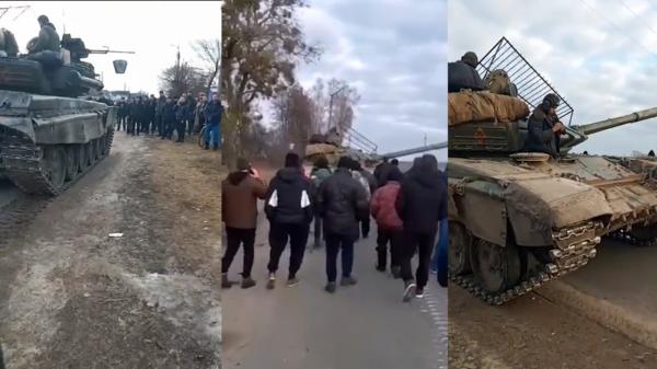 Zeci de ucraineni au blocat un tanc rusesc și i-au forțat pe soldați să dea înapoi