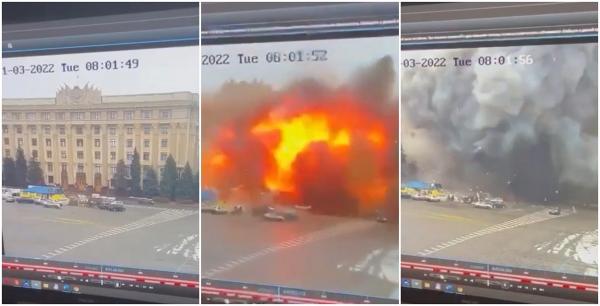 Momentul în care o rachetă rusească  lovește o clădire guvernamentală în Harkov. Imagini dramatice filmate în Piața Libertății din centrul orașului